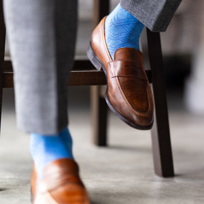 The Azure Blue & Cobalt Square-Grid - An Azure Blue Sock with a Cobalt Blue Square-Grid Pattern