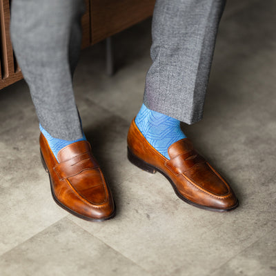 The Azure Blue & Cobalt Square-Grid - An Azure Blue Sock with a Cobalt Blue Square-Grid Pattern