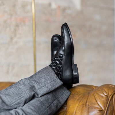 The Black & Grey Diamond Grid - A Black Sock with a Grey Diamond Grid Pattern