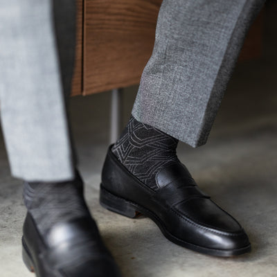 The Black & Silver Square-Grid - A Black Sock with a Silver Square-Grid Pattern