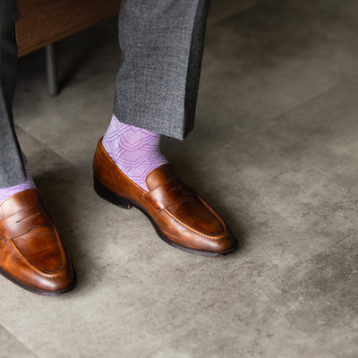 The Lavender & Plum Square-Grid - A Lavender Sock with a Plum Square-Grid Pattern