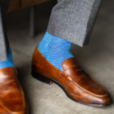 The Azure Blue & Cobalt Square-Grid - An Azure Blue Sock with a Cobalt Blue Square-Grid Pattern