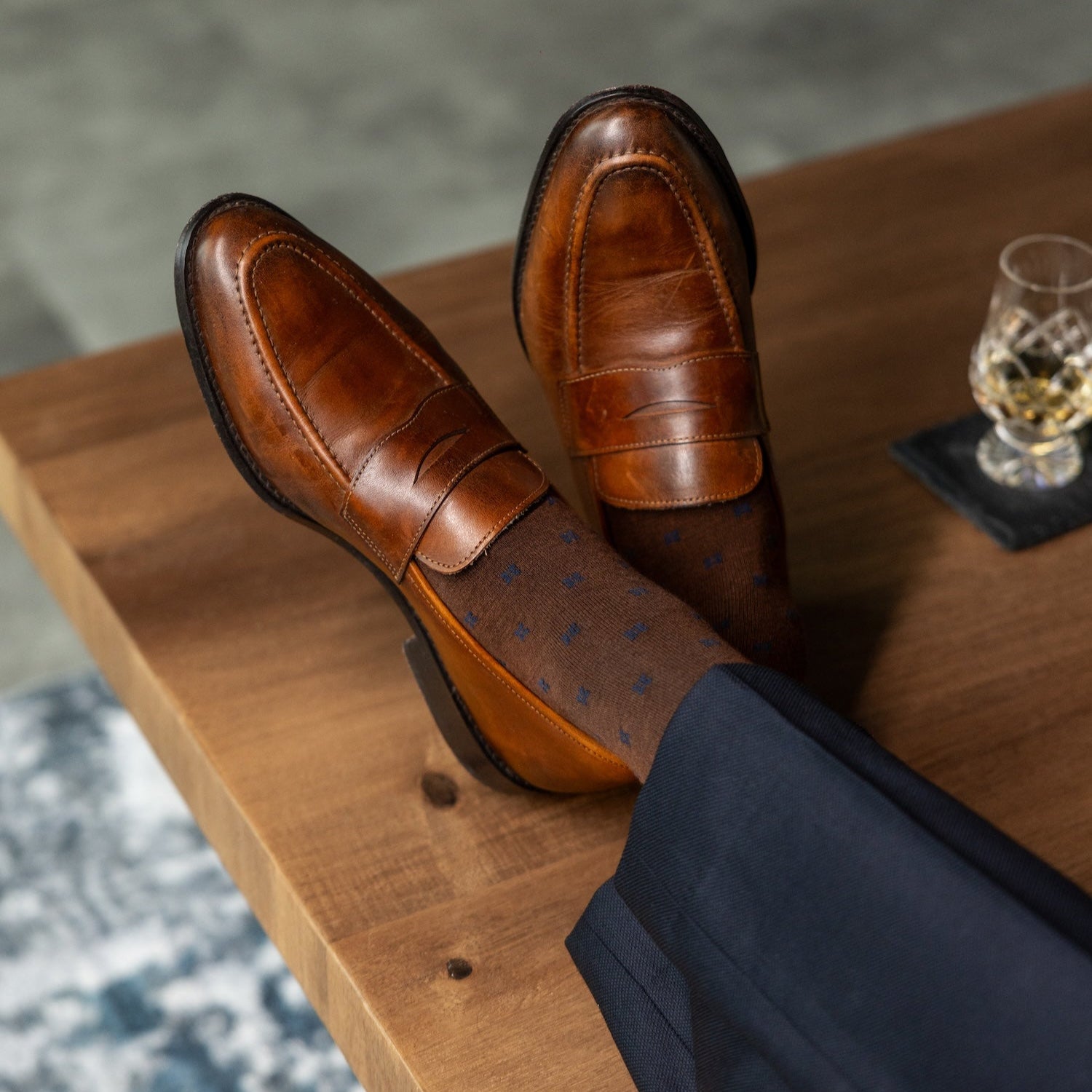 A Chocolate Brown with Navy
Flower Petals men's dress sock