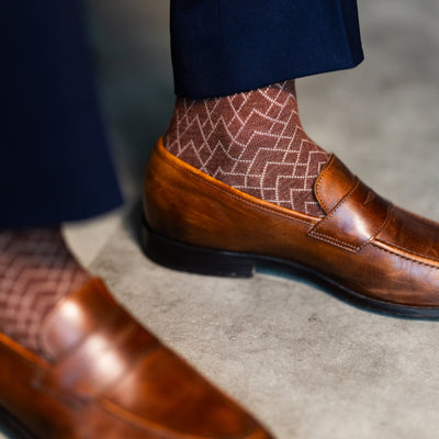 Pecan & Cream Stepped Chevron - A Pecan Brown Sock with a Cream Stepped Chevron Pattern