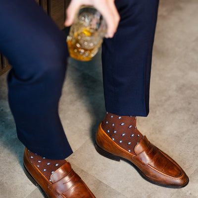 The Pecan Gemstones - A Pecan Brown Sock with Navy, White & Powder Blue Gemstones