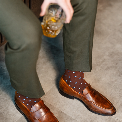 The Pecan Gemstones - A Pecan Brown Sock with Navy, White & Powder Blue Gemstones