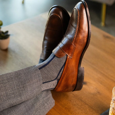 Grey & Navy Blue Vertical Stripes - A Grey Sock with Navy Blue Vertical Stripes