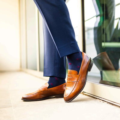 Navy & Garnet Red Flowers - A Navy Blue Sock with Garnet Red Flowers