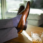 Prussian Blue men's dress socks with a pink ribbed pattern