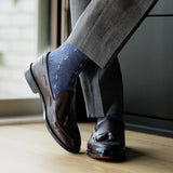 Prussian Blue men's dress socks with a white t-sun pattern