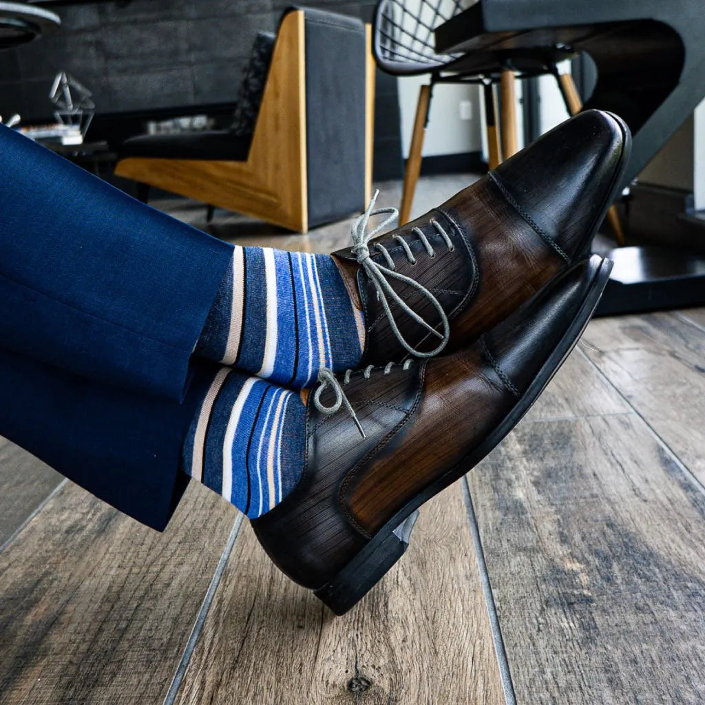 The Arthurs | Blue, Cream & White Striped Men's Dress Sock Mid-Calf The Arthurs | Blue, Cream & White Striped Men's Dress Sock Mid-Calf