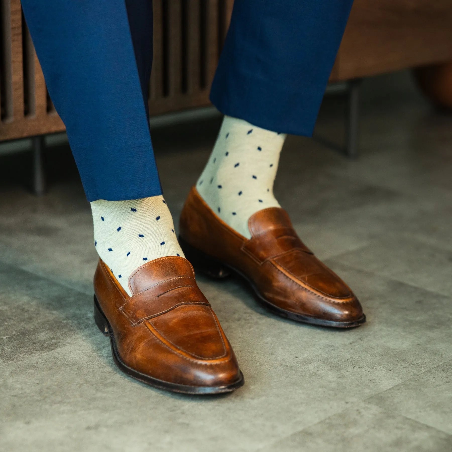 The Ashburys - An Ivory Sock with Navy Blue Micro-Tiles Over-The-Calf The Ashburys - An Ivory Sock with Navy Blue Micro-Tiles Over-The-Calf
