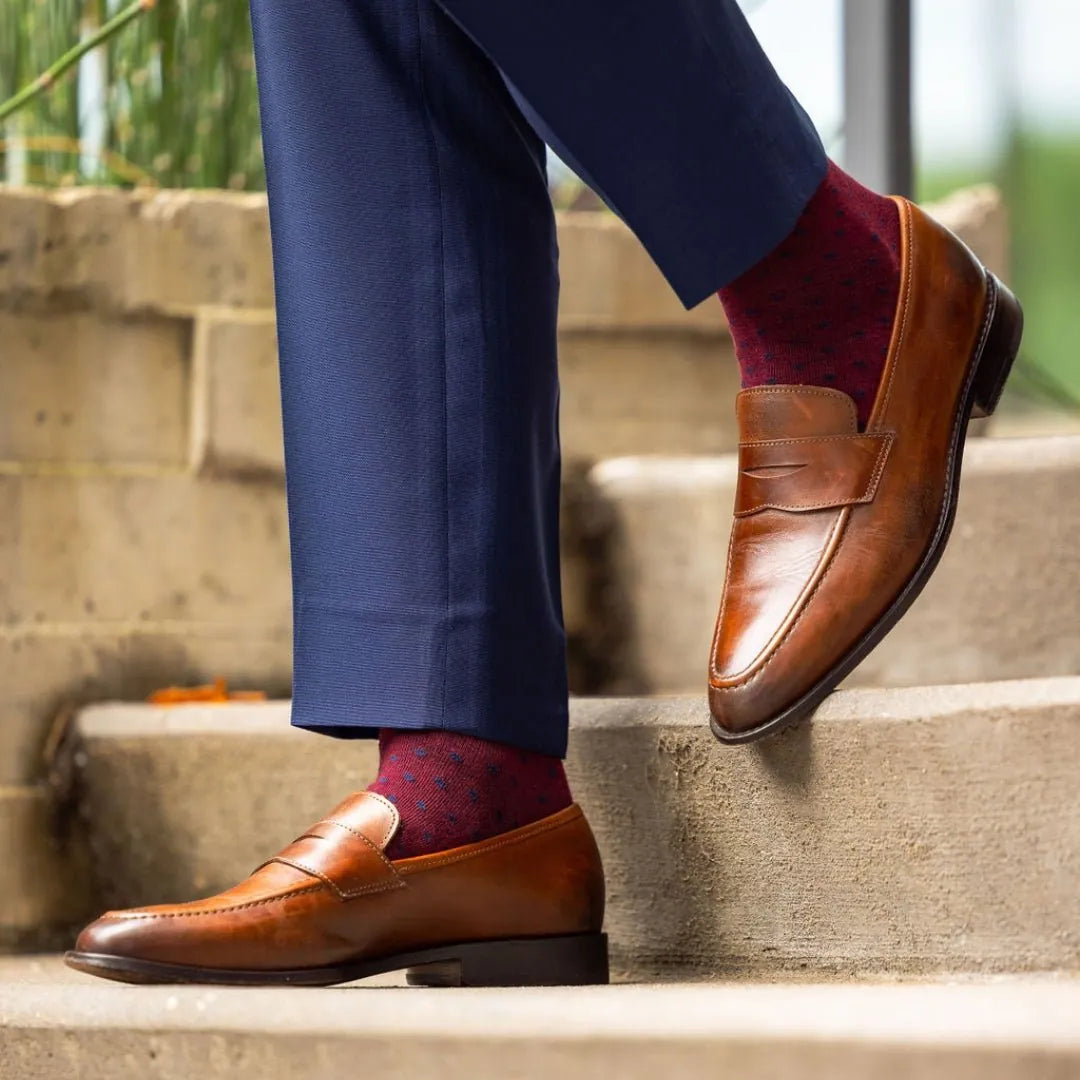 The Bartons - A deep red men's dress sock with navy polka dots  Southern  Scholar Socks