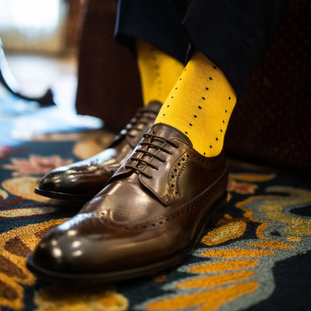 The Charlie Browns | Yellow Men's Dress Sock | Navy Blue Pin Dots Southern Scholar Socks The Charlie Browns | Yellow Men's Dress Sock | Navy Blue Pin Dots Southern Scholar Socks
