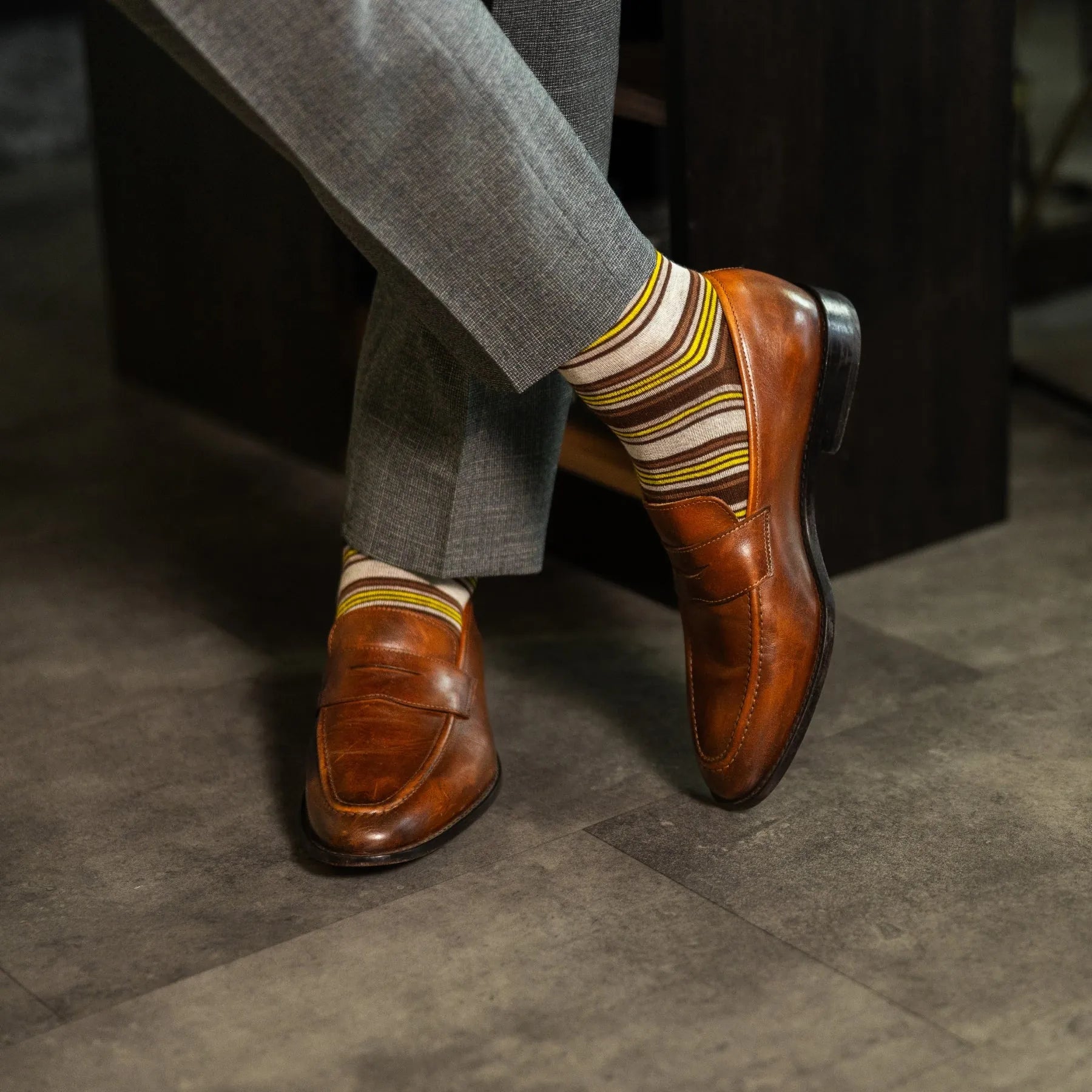 The Duttons - A Mustard, Brown and Grey Striped Sock Mid-Calf The Duttons - A Mustard, Brown and Grey Striped Sock Mid-Calf