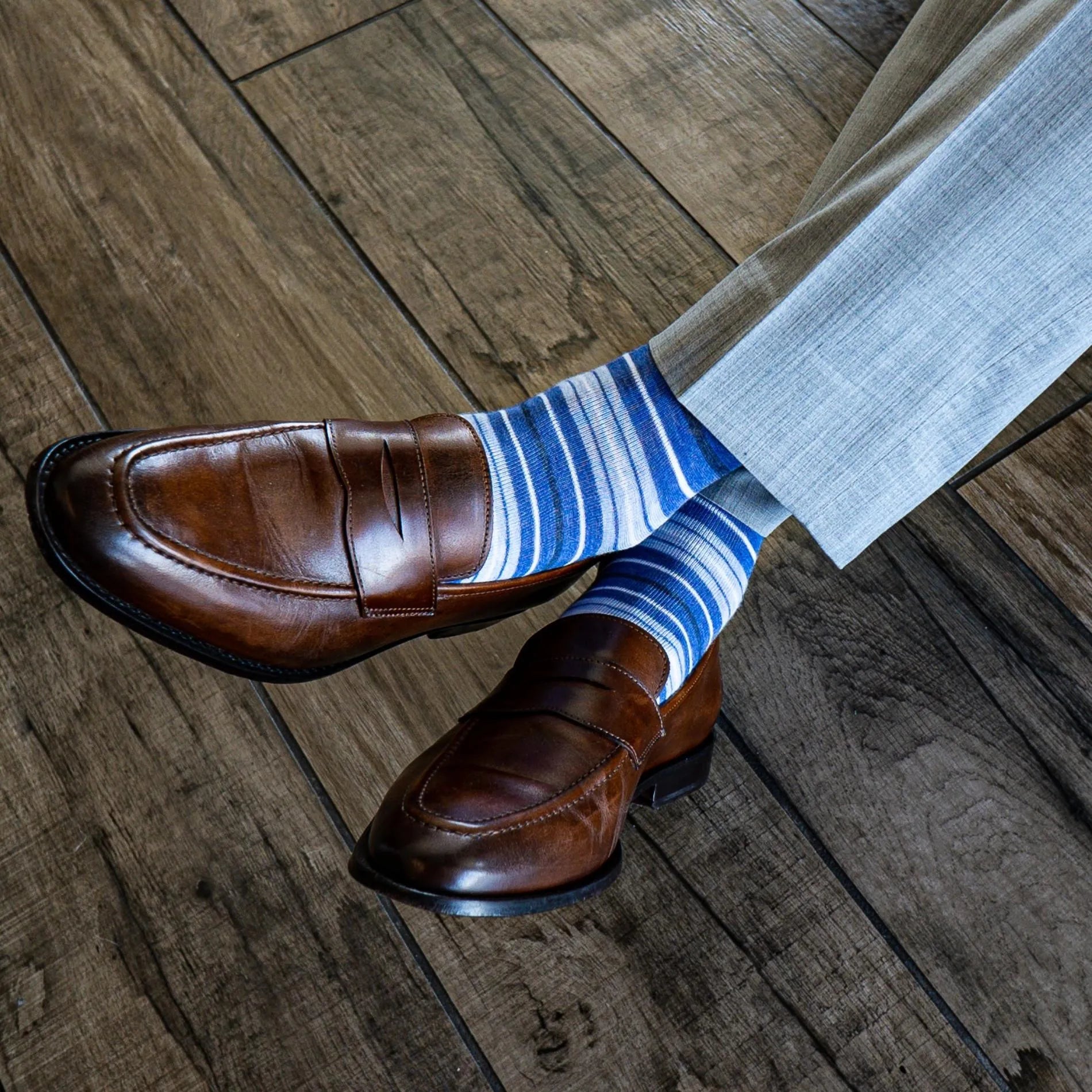 The Vottieros - A Blue, Grey, and White Multi-Stripe Men's Dress Sock Over-The-Calf The Vottieros - A Blue, Grey, and White Multi-Stripe Men's Dress Sock Over-The-Calf