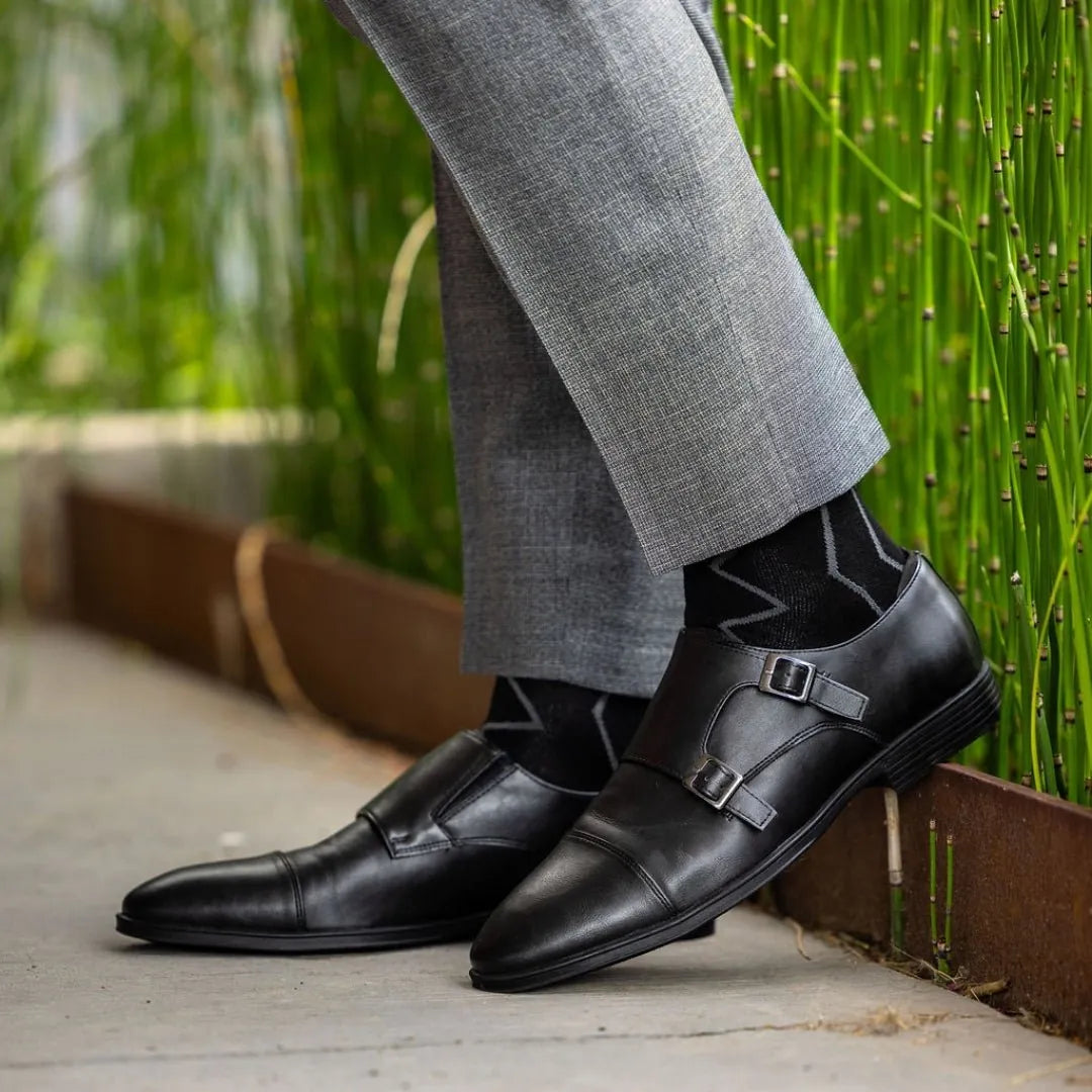 The Walters - A Black Dress Sock with A Silver Zigzag Pattern Mid-Calf The Walters - A Black Dress Sock with A Silver Zigzag Pattern Mid-Calf