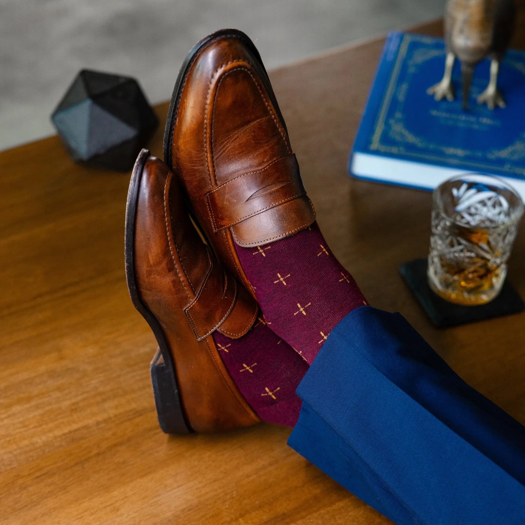 The Wendes - A Deep Red Sock with Gold T-Suns Over-The-Calf The Wendes - A Deep Red Sock with Gold T-Suns Over-The-Calf
