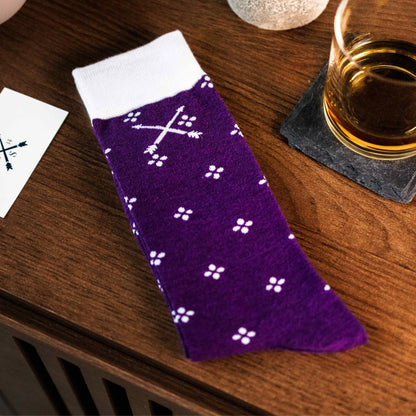 Purple men's dress sock with a white flower pattern