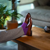 Purple men's dress socks with pastel blue polka dots
