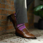 Purple, violet, and white striped men's dress socks