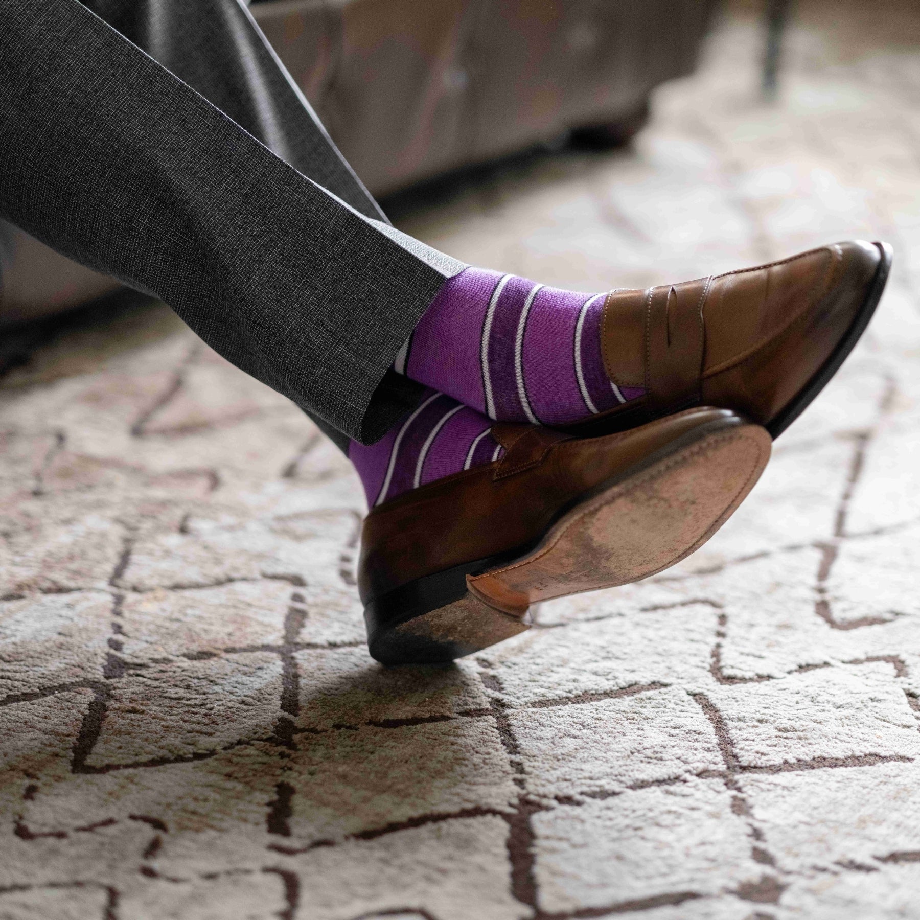 Purple, violet, and white striped men's dress socks