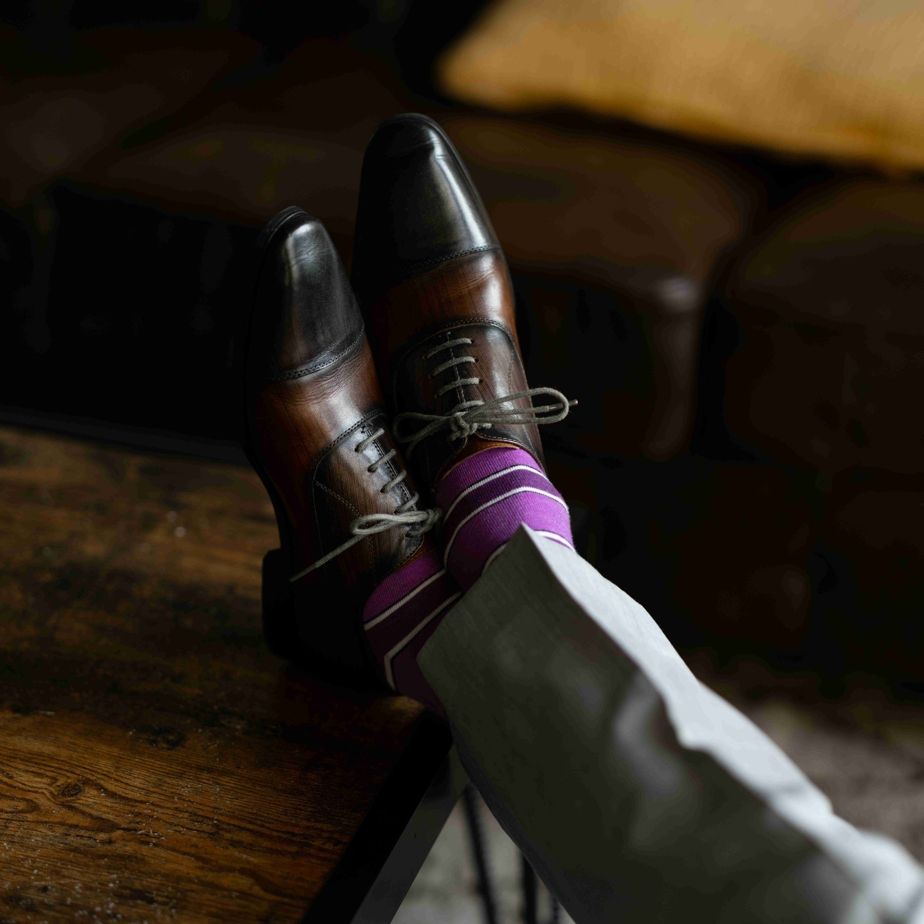 Purple, violet, and white striped men's dress socks
