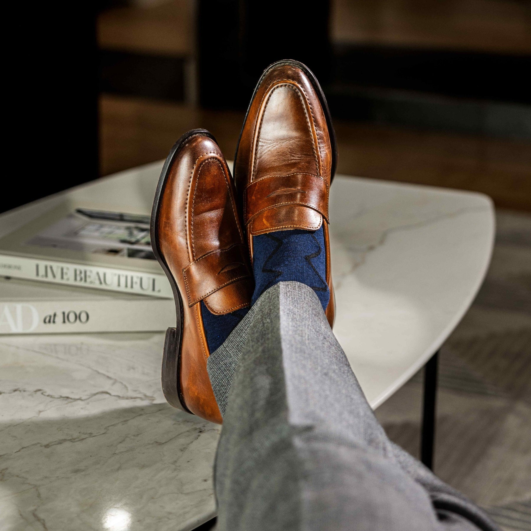 navy blue sock with black zigzag pattern