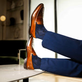 navy blue sock with black zigzag pattern