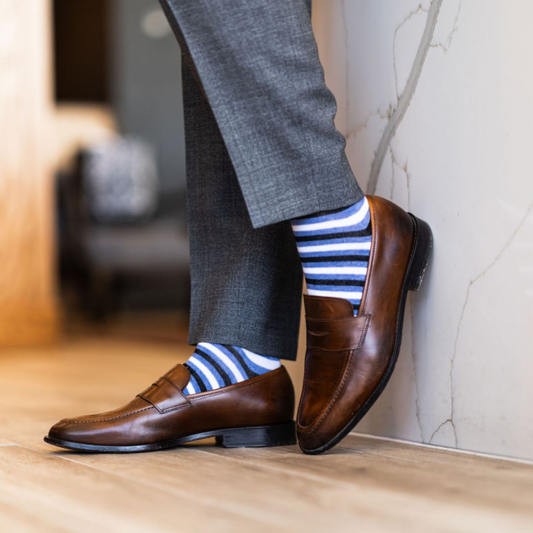 Blue, Black, and White Striped men's dress socks