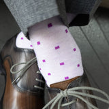 Light purple men's dress sock with dark purple micro-squares