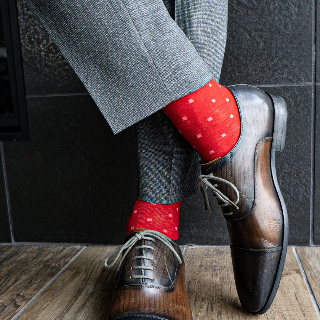 A Red Men's Dress Sock with Peach Micro-Squares