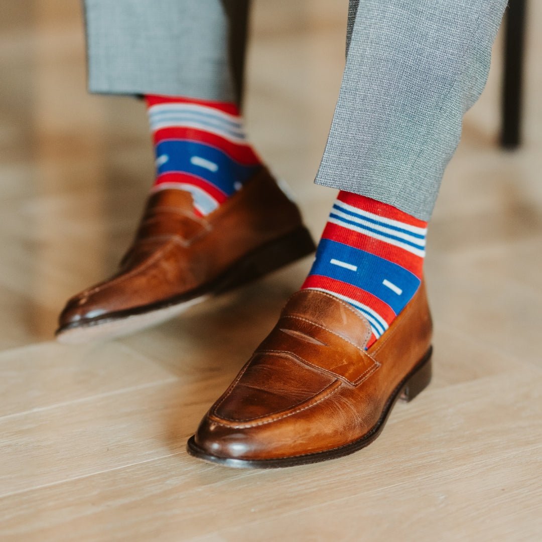 blue, red, and white striped men's dress sock