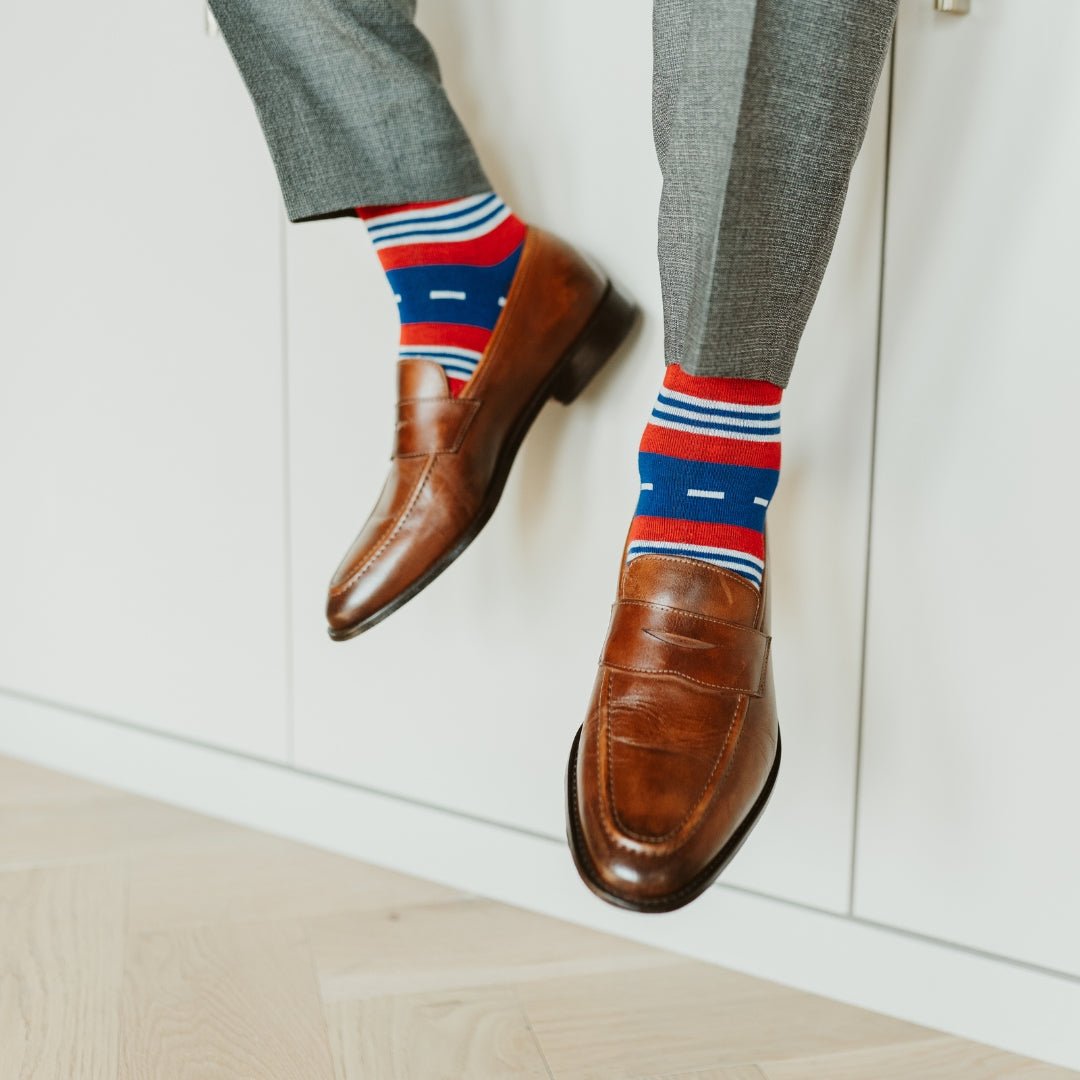 blue, red, and white striped men's dress sock