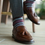 Grey men's dress sock with garnet red and white stripes