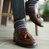 Grey men's dress sock with garnet red and white stripes