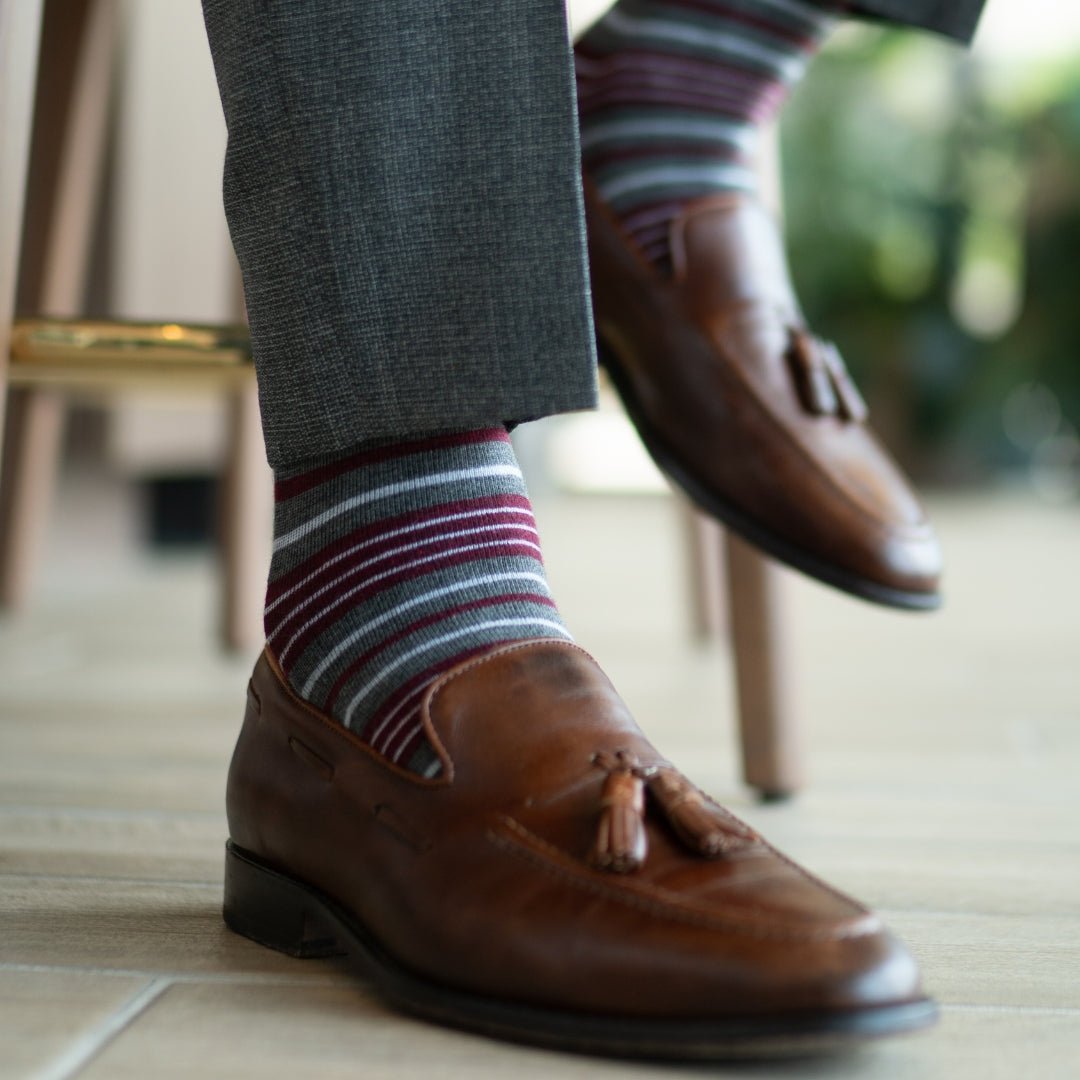 Grey men's dress sock with garnet red and white stripes