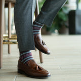 Grey men's dress sock with garnet red and white stripes