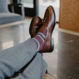 Grey men's dress sock with garnet red and white stripes