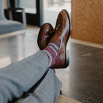 Grey men's dress sock with garnet red and white stripes