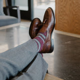 Grey men's dress sock with garnet red and white stripes