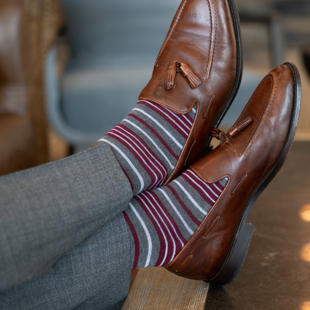 Grey men's dress sock with garnet red and white stripes