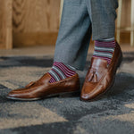 Grey men's dress sock with garnet red and white stripes