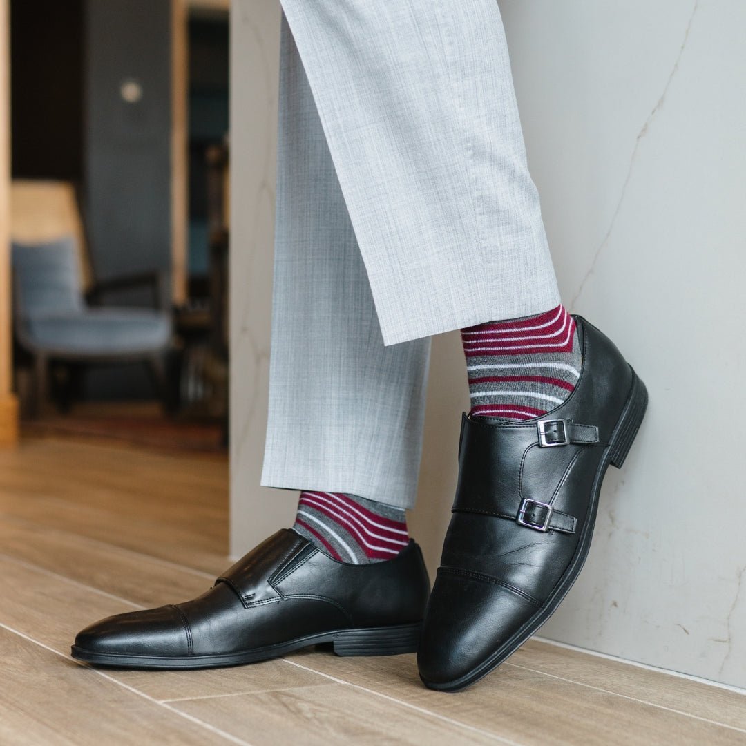 Grey men's dress sock with garnet red and white stripes