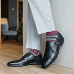 Grey men's dress sock with garnet red and white stripes