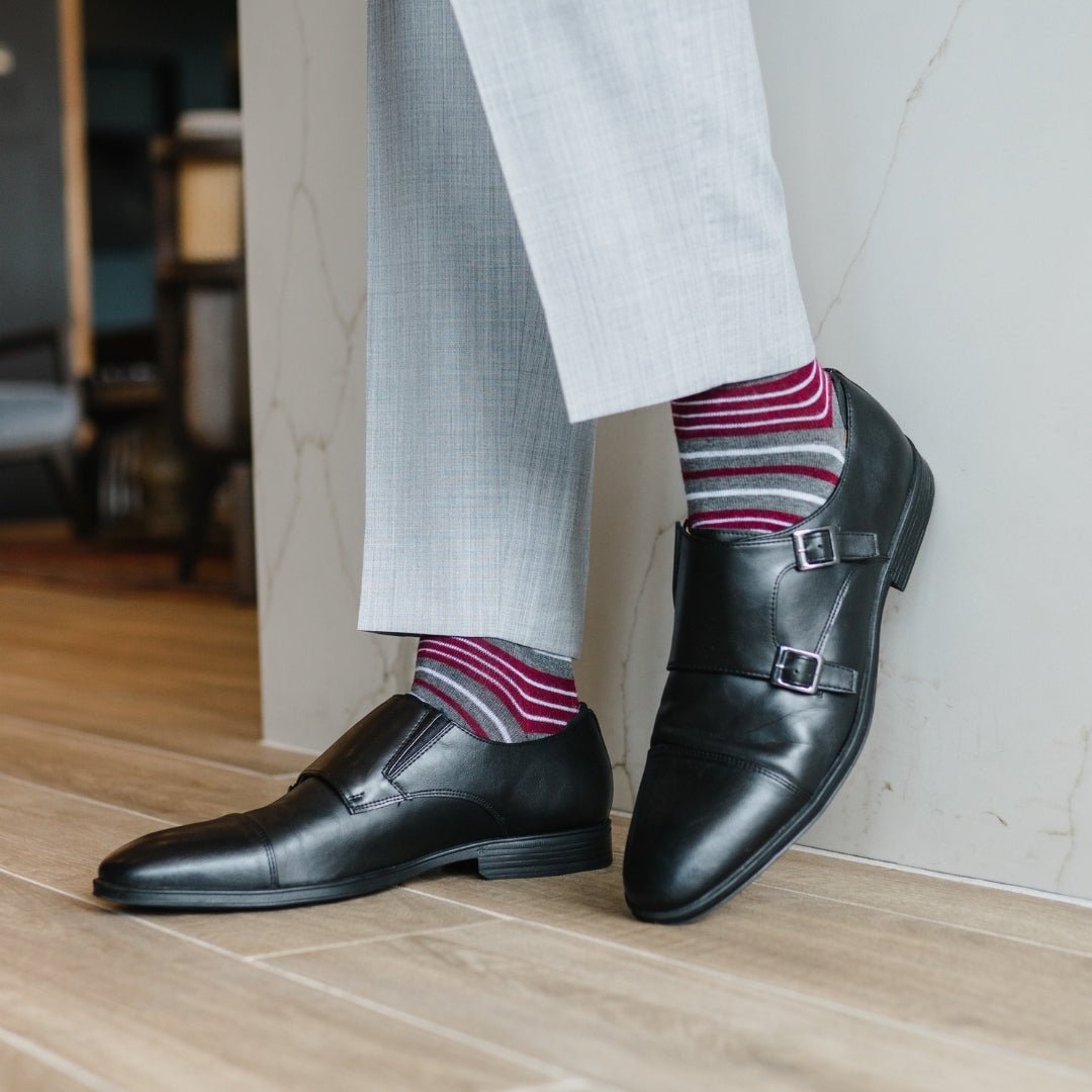 Grey men's dress sock with garnet red and white stripes