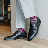 Grey men's dress sock with garnet red and white stripes