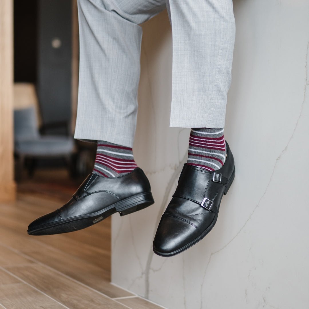 Grey men's dress sock with garnet red and white stripes