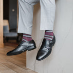 Grey men's dress sock with garnet red and white stripes