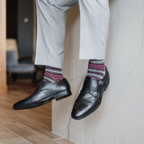 Grey men's dress sock with garnet red and white stripes